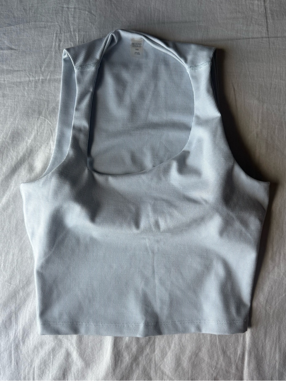 Beyond Yoga Baby Blue and White Ribbed Crop Top